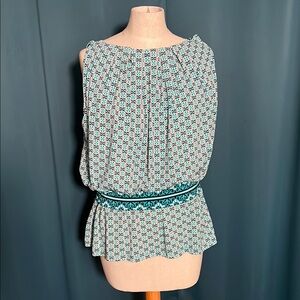 Sophie Max White and Teal Sleeveless Pleated Blouse